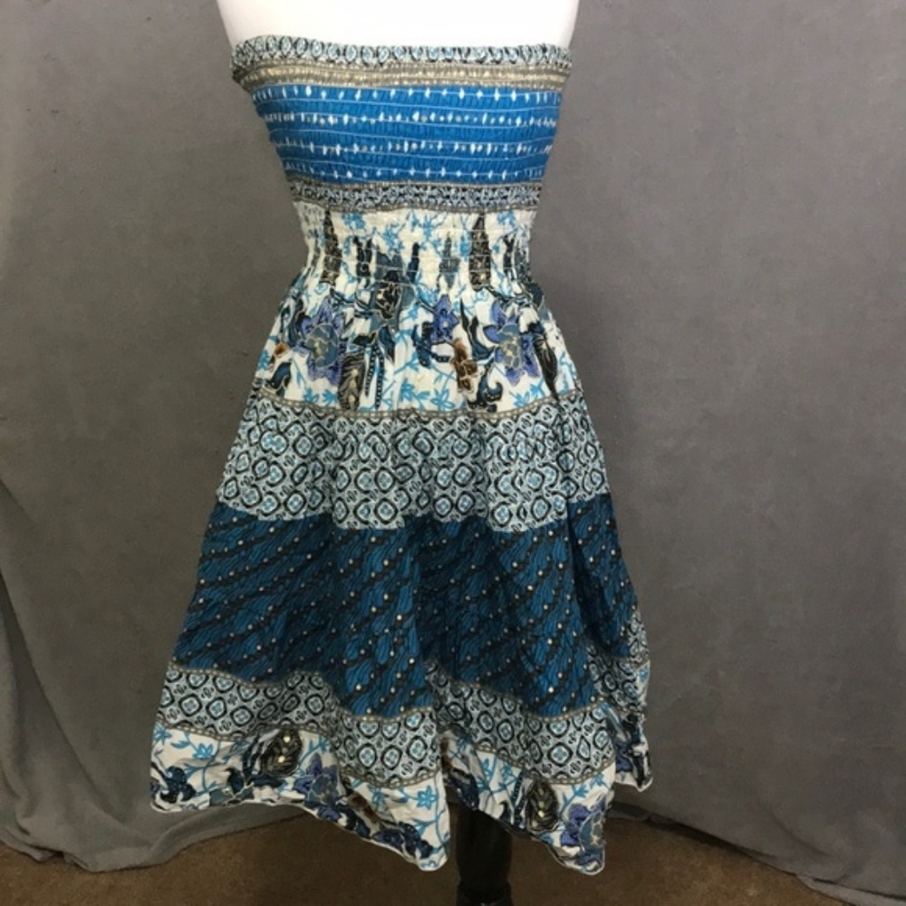 Blue Floral Pink Apple Summer Dress. (Large)
